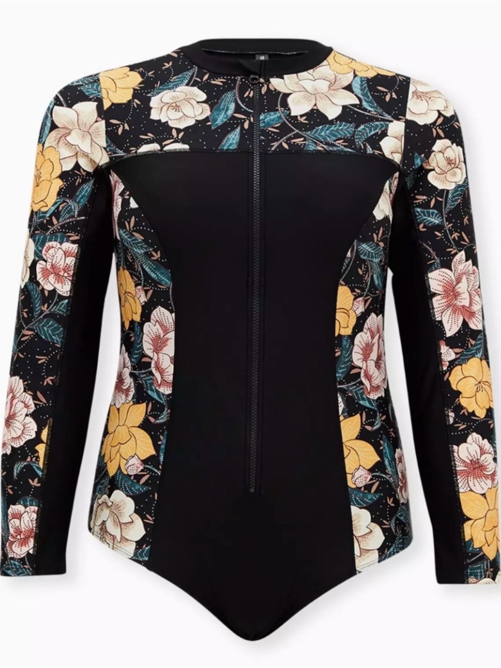 Rashguard Swimsuit Long Sleeve Black and Floral One-Piece
